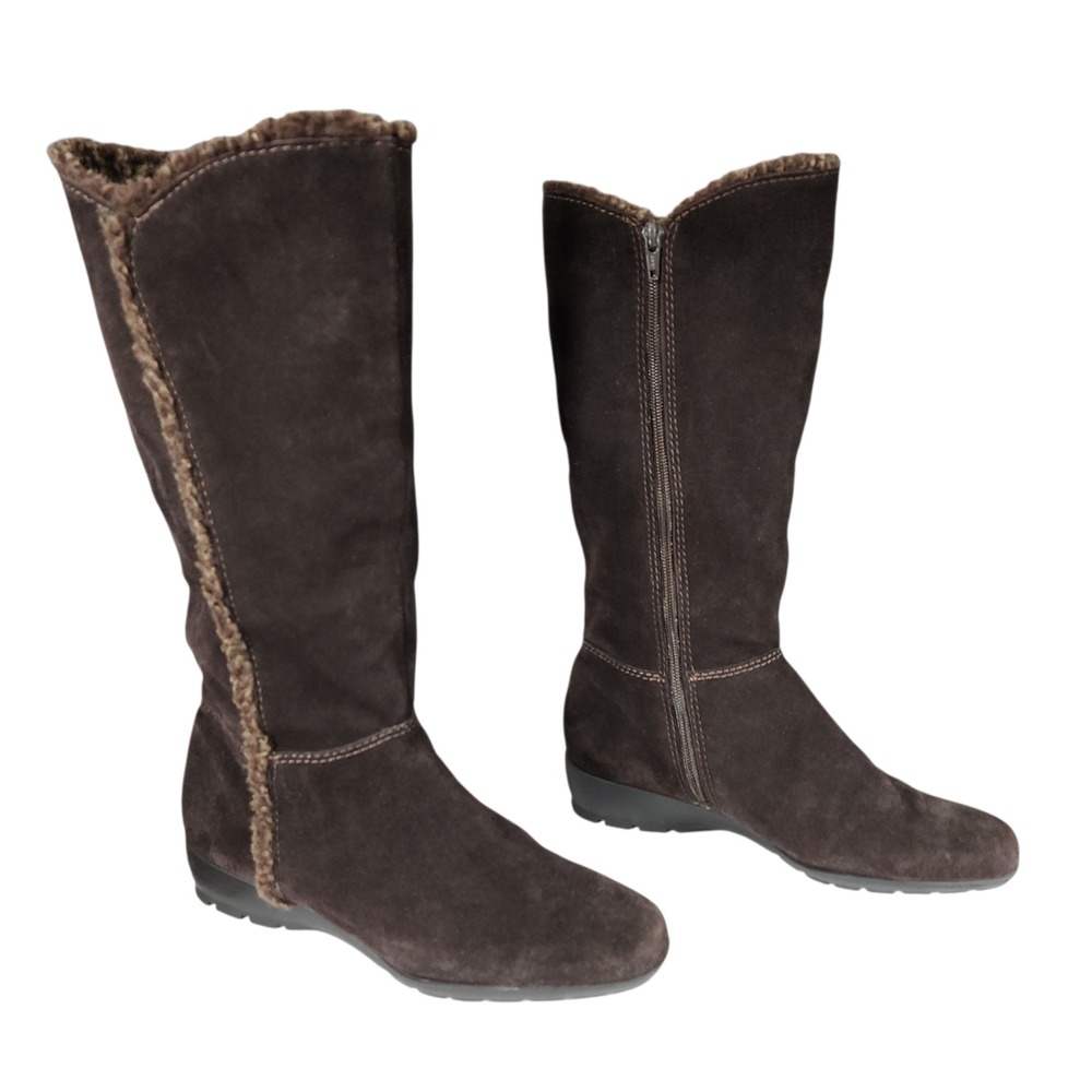 Bandolino Knee High Boot 7M Women Yoelia Brown Suede Faux Fur Lined Wedge 15"